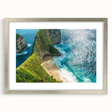 Textured abstract art print depicting an Indonesian landscape in muted earth tones on a framed silver mat.