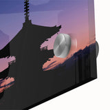 Large abstract wall art featuring Kyoto scenery in mid-century modernist style, vibrant hues on acrylic glass.