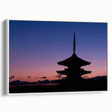 Vintage poster art of Kyoto landscape, featuring colorful trees on black background, framed canvas.