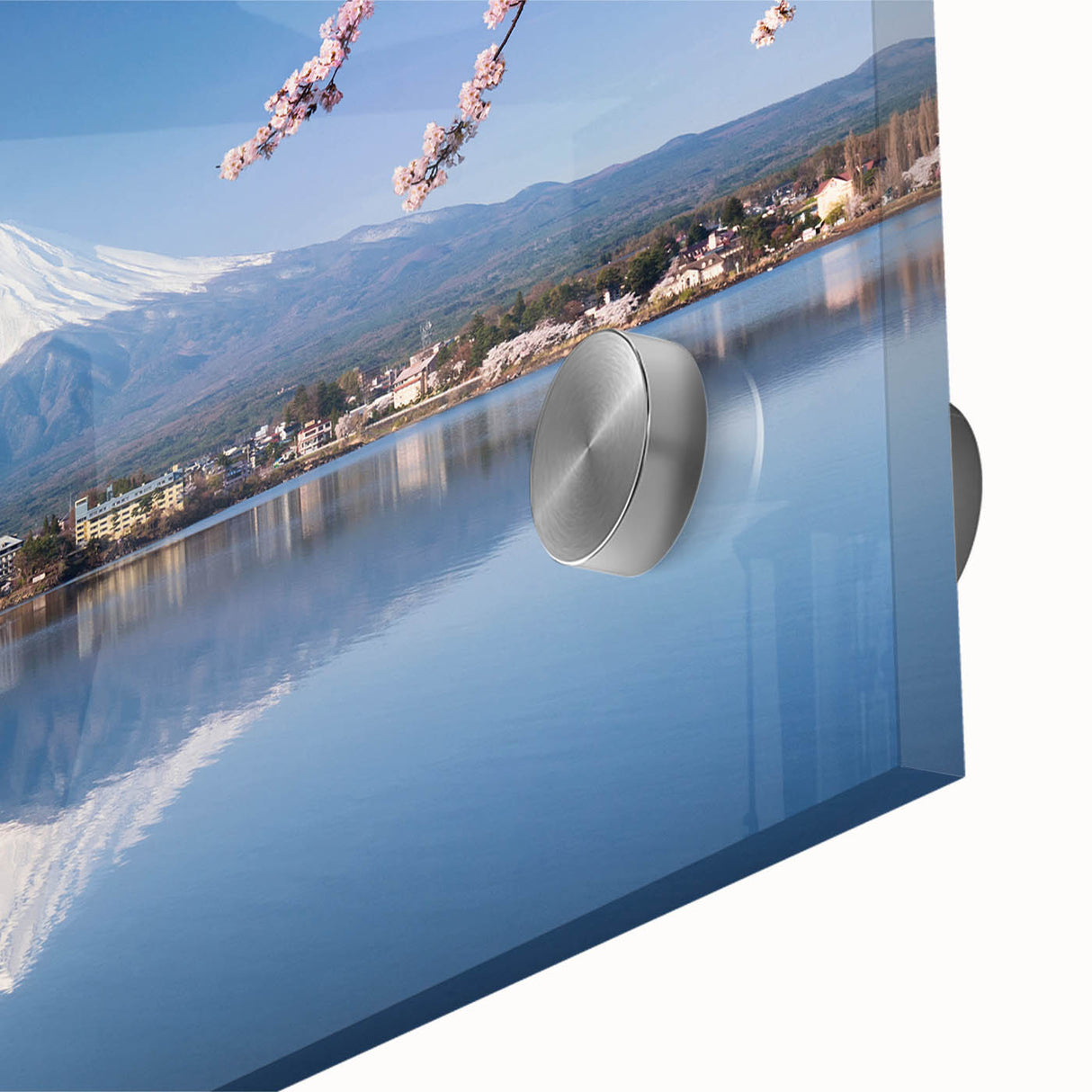 Acrylic print of Mount Fuji in pastel shades, ideal for dining room art in a mid-century modernist style.