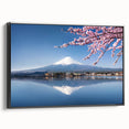 Black and white wall art of Mount Fuji landscape on framed canvas, suitable for bedroom decor.