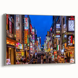 Framed canvas featuring a vintage-style Tokyo landscape with colorful art elements and a black border.