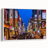 Vintage poster art of Tokyo skyline in colorful hues on a large framed canvas, ideal for living room decor.
