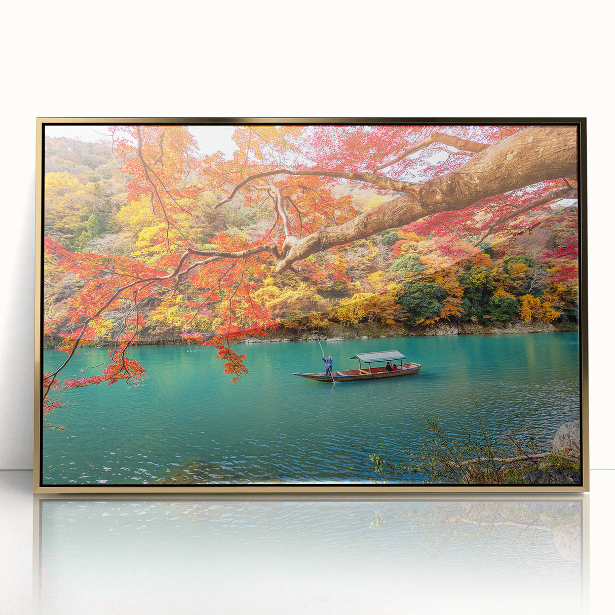 Large acrylic print of a serene Japanese landscape in soft gold tones, framed, ideal for modern nursery decor.