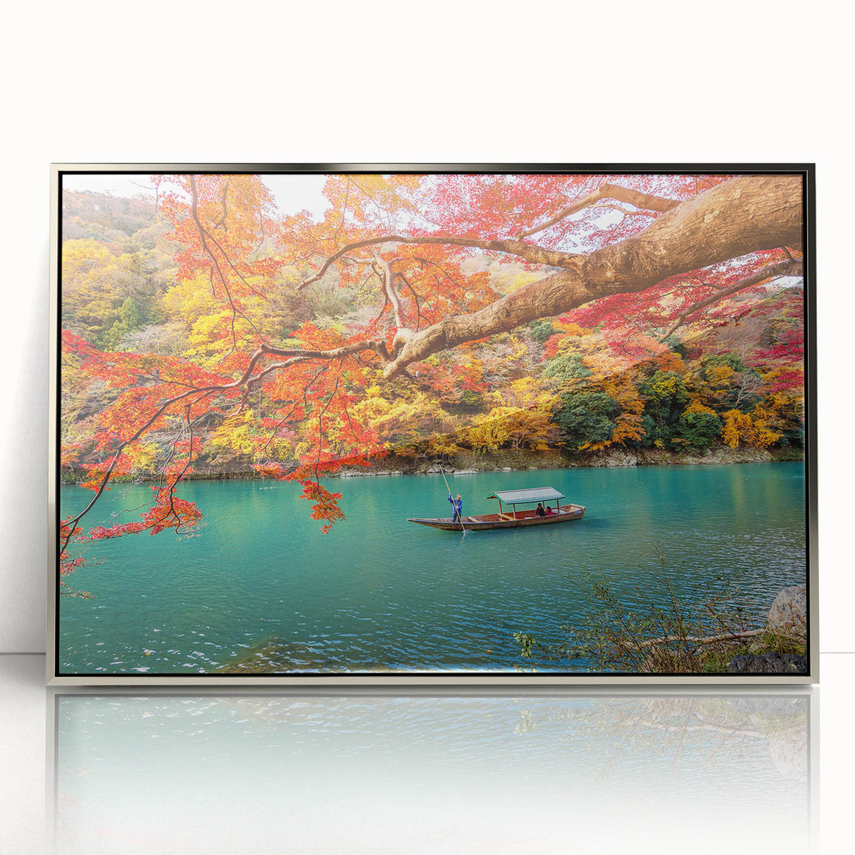 Mid-century modernist art depicting a serene Japanese landscape in muted earth tones on a framed acrylic panel.