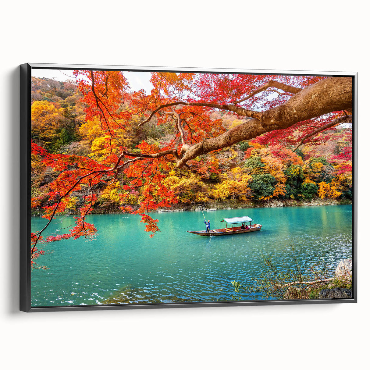 Black and white framed canvas featuring a vintage Japanese landscape, ideal for bedroom decor.