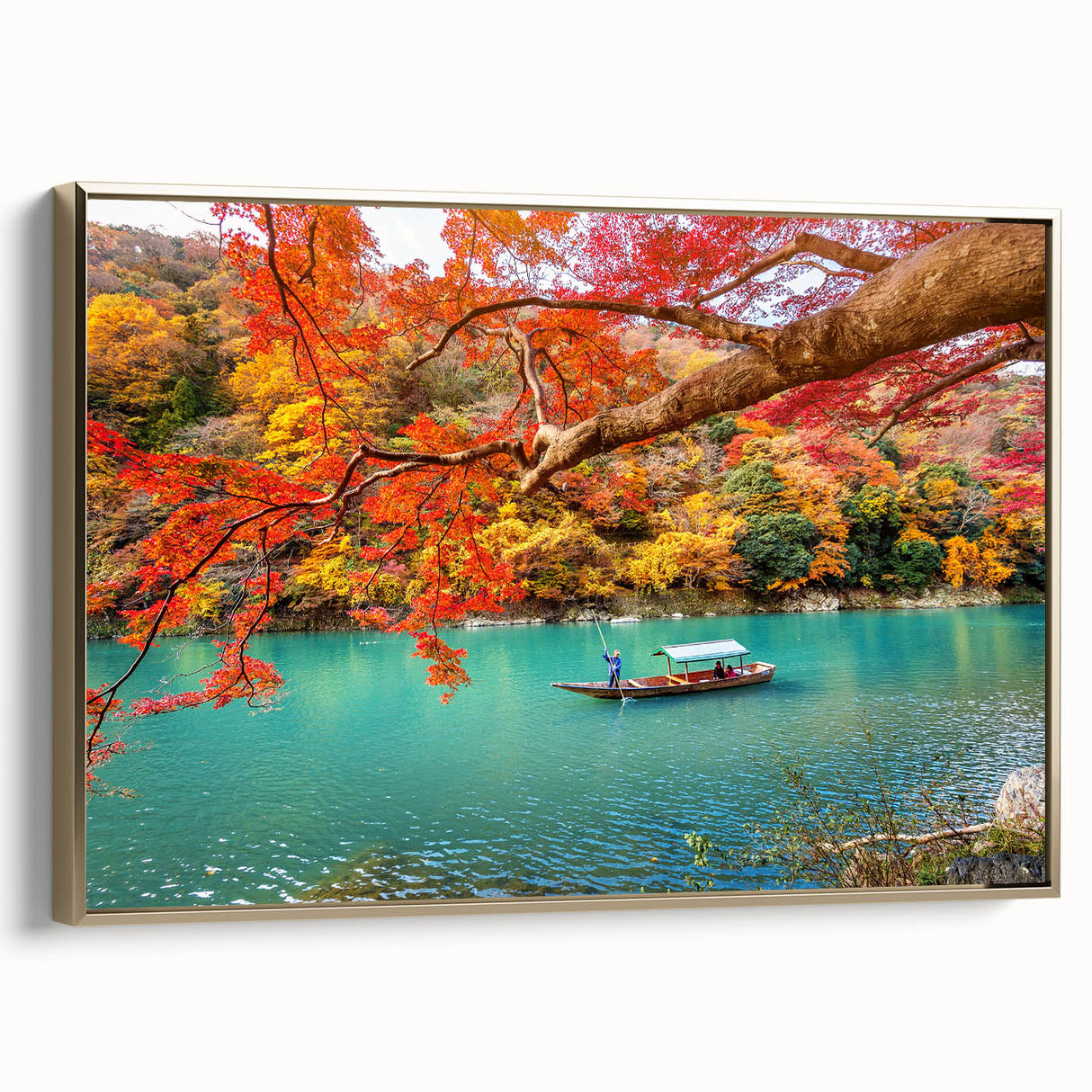 Framed canvas of a vintage Japanese landscape in muted gold and black tones, ideal for bedroom wall decor.