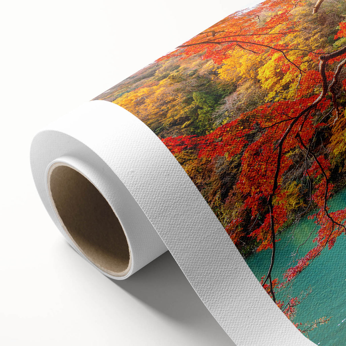 Art deco style poster of a serene Japanese landscape on rolled canvas, featuring muted earth tones.