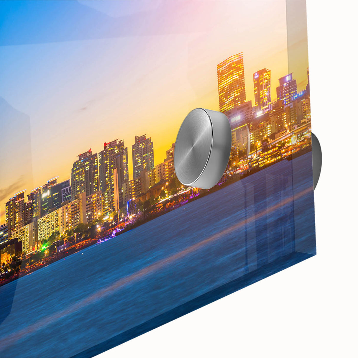 Large abstract wall art of Seoul skyline in muted gray tones on acrylic glass, suitable for dining room decor.
