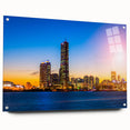 Acrylic print of Seoul cityscape in muted gray and blue tones, suitable for bedroom or dining room decor.
