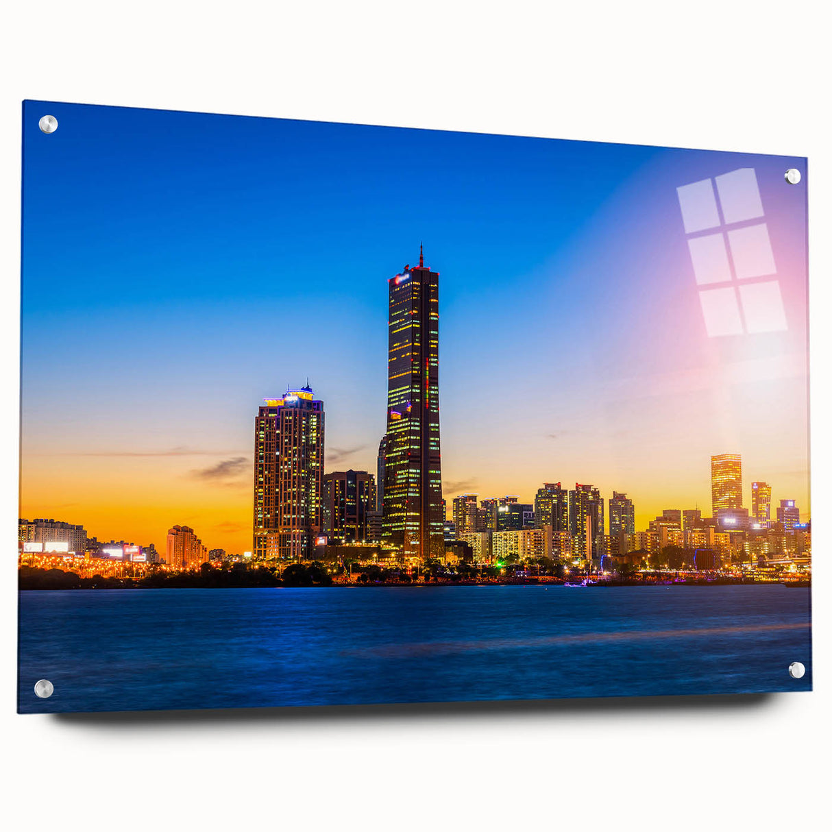 Acrylic print of Seoul cityscape in muted gray and blue tones, suitable for bedroom or dining room decor.