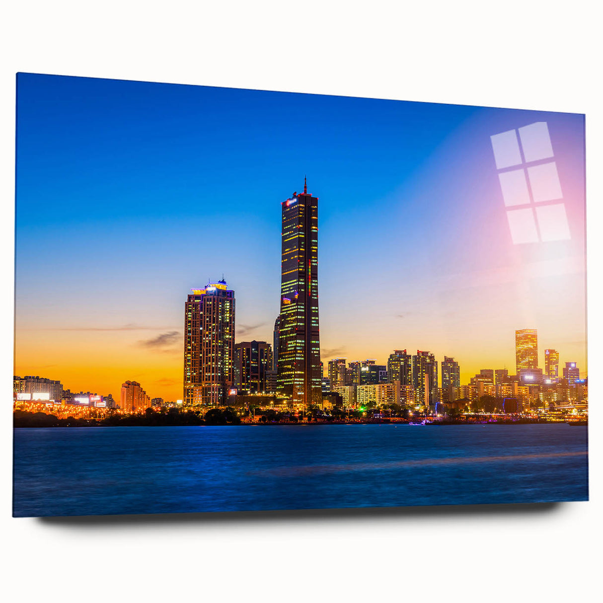 Large abstract wall art of Seoul's cityscape in muted gray tones on acrylic glass, suitable for bedroom or dining room decor.