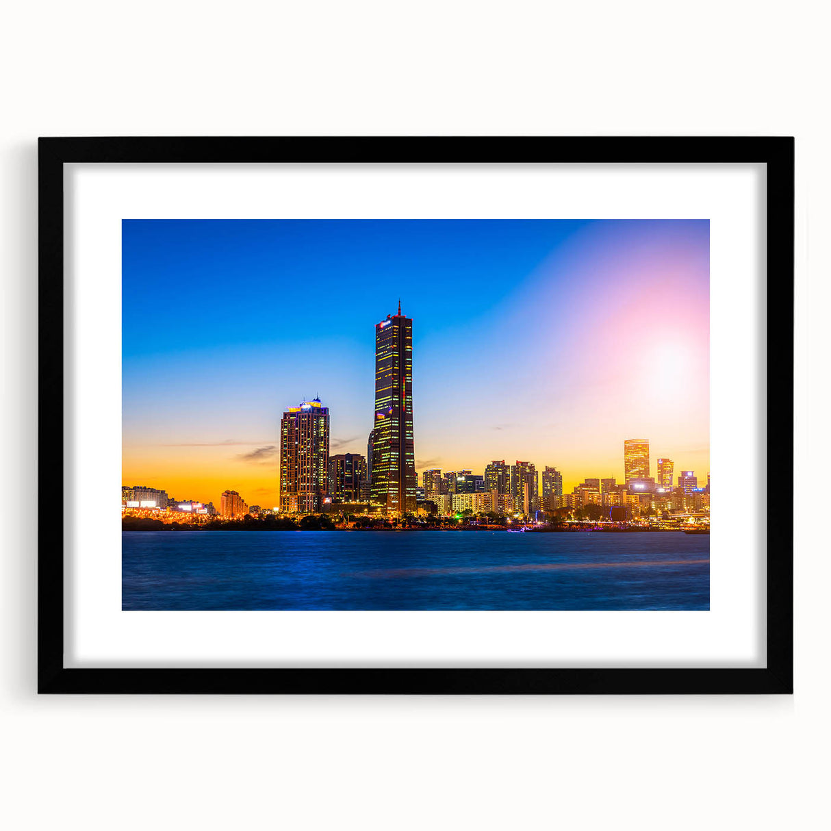 Abstract art print of Seoul skyline in vibrant, colorful hues on a large, framed canvas, ideal for living room decor.