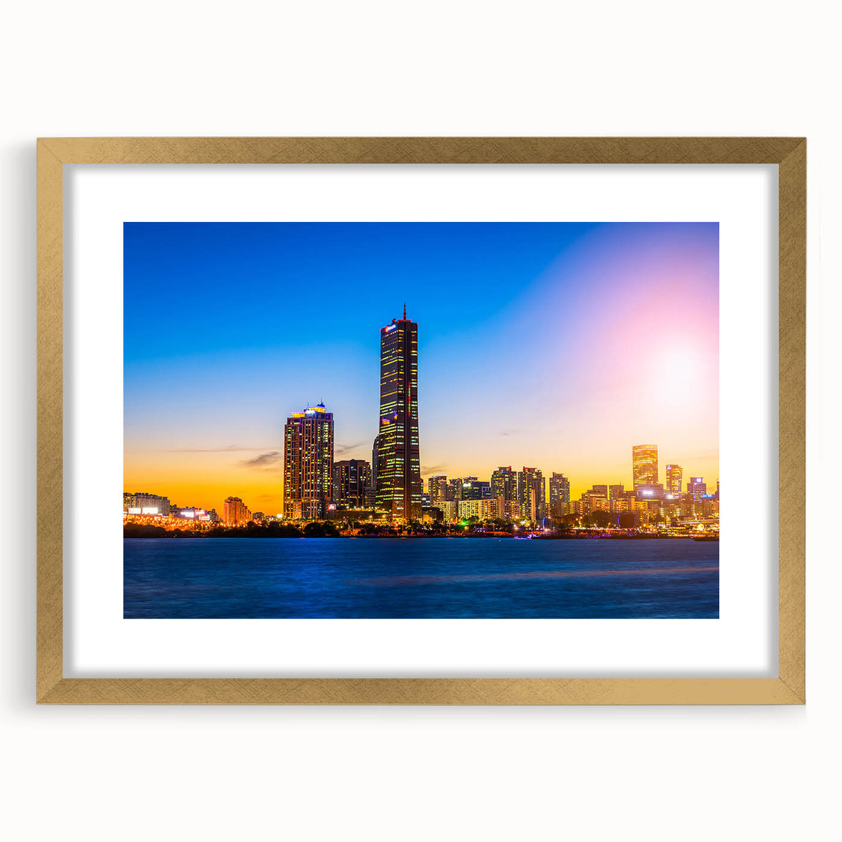Extra large abstract art print featuring a textured depiction of the Seoul skyline in muted gold and gray tones.