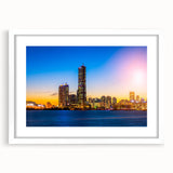 Abstract art print of Seoul skyline in muted gray and blue tones on a framed white mat, ideal for dining room decor.