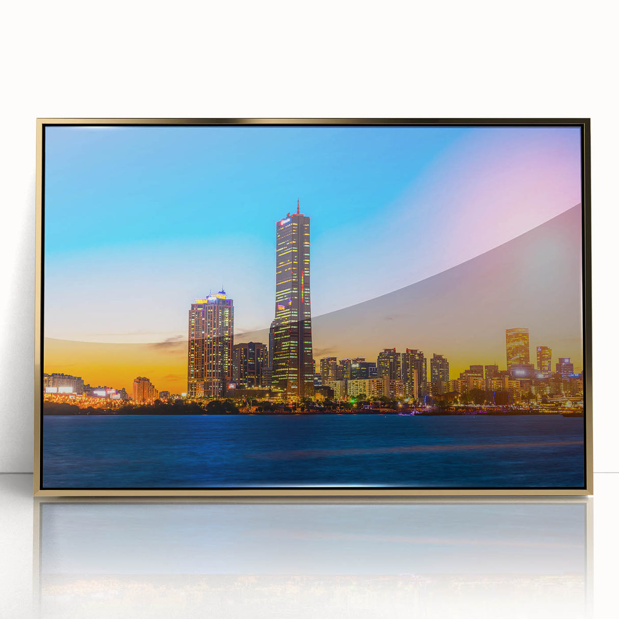 Acrylic print of Seoul skyline in gold and black tones, framed, ideal for modern art wall decor.
