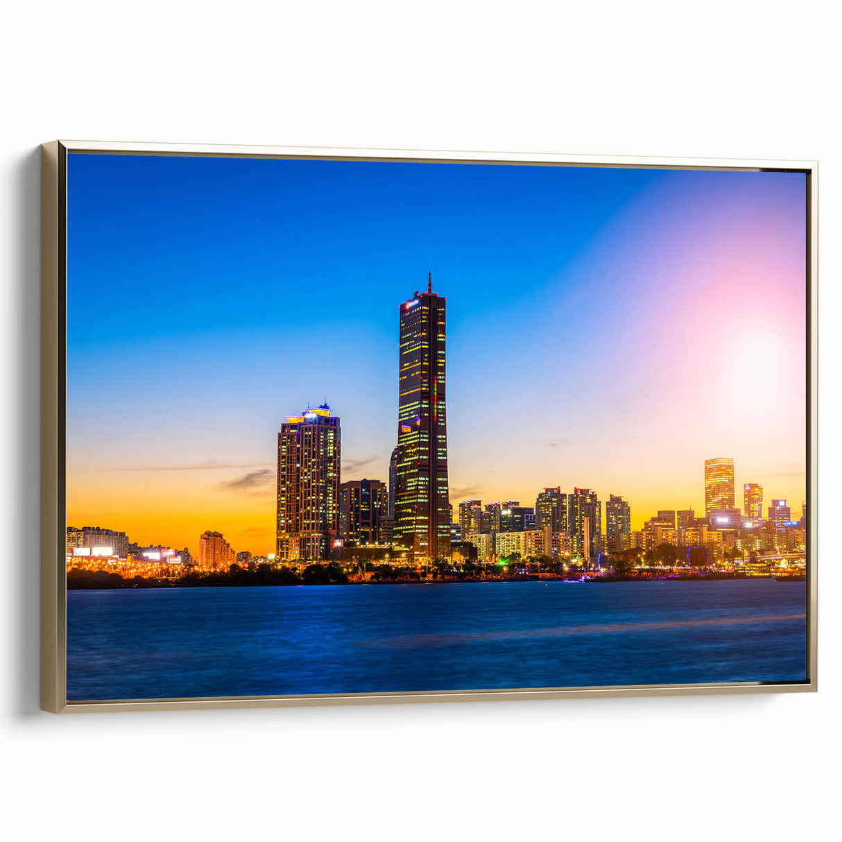 Framed canvas of a vintage-style Seoul landscape in black and gold tones, ideal for bedroom wall art.