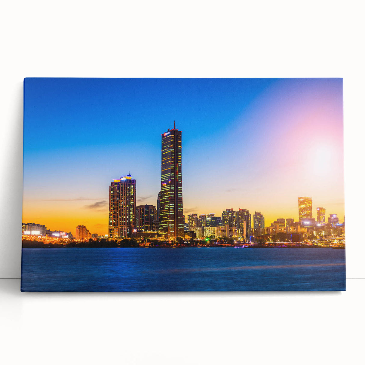 Black and white stretched canvas featuring Seoul cityscape, ideal for kitchen wall art or bedroom ambiance.