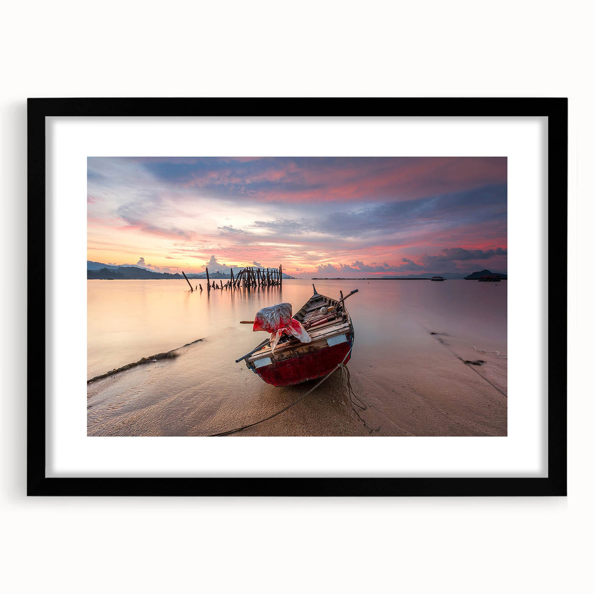 Colorful abstract art print of a Malaysian landscape in vibrant hues on a large framed canvas, ideal for living room decor.