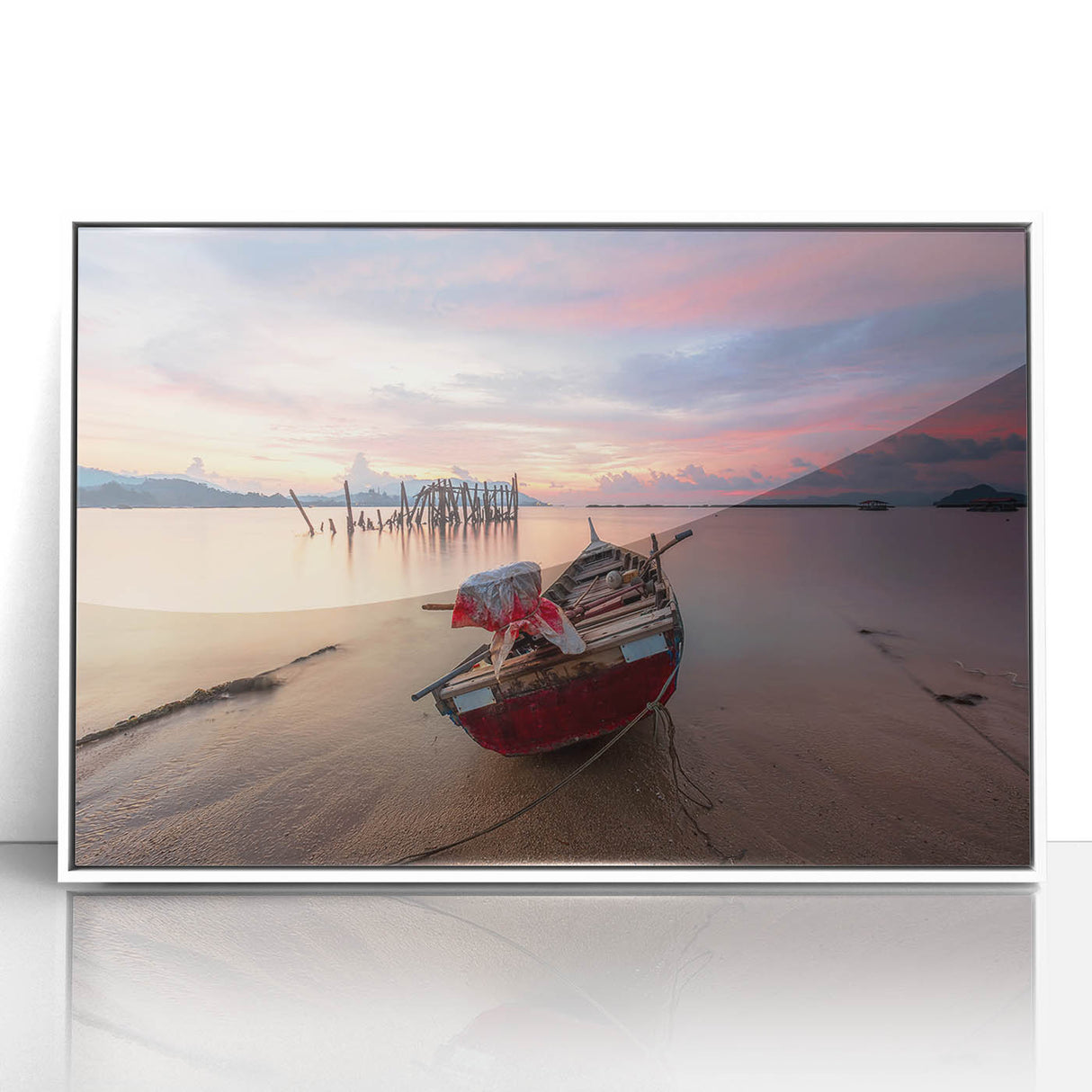 Framed acrylic print of a serene Malaysian landscape, featuring soft pastel hues.
