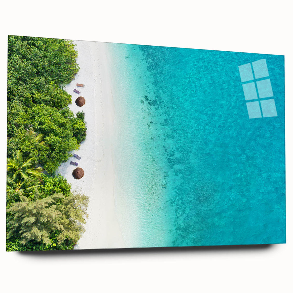 Large abstract wall art of a Maldivian scenery in muted blue and green tones on acrylic glass.