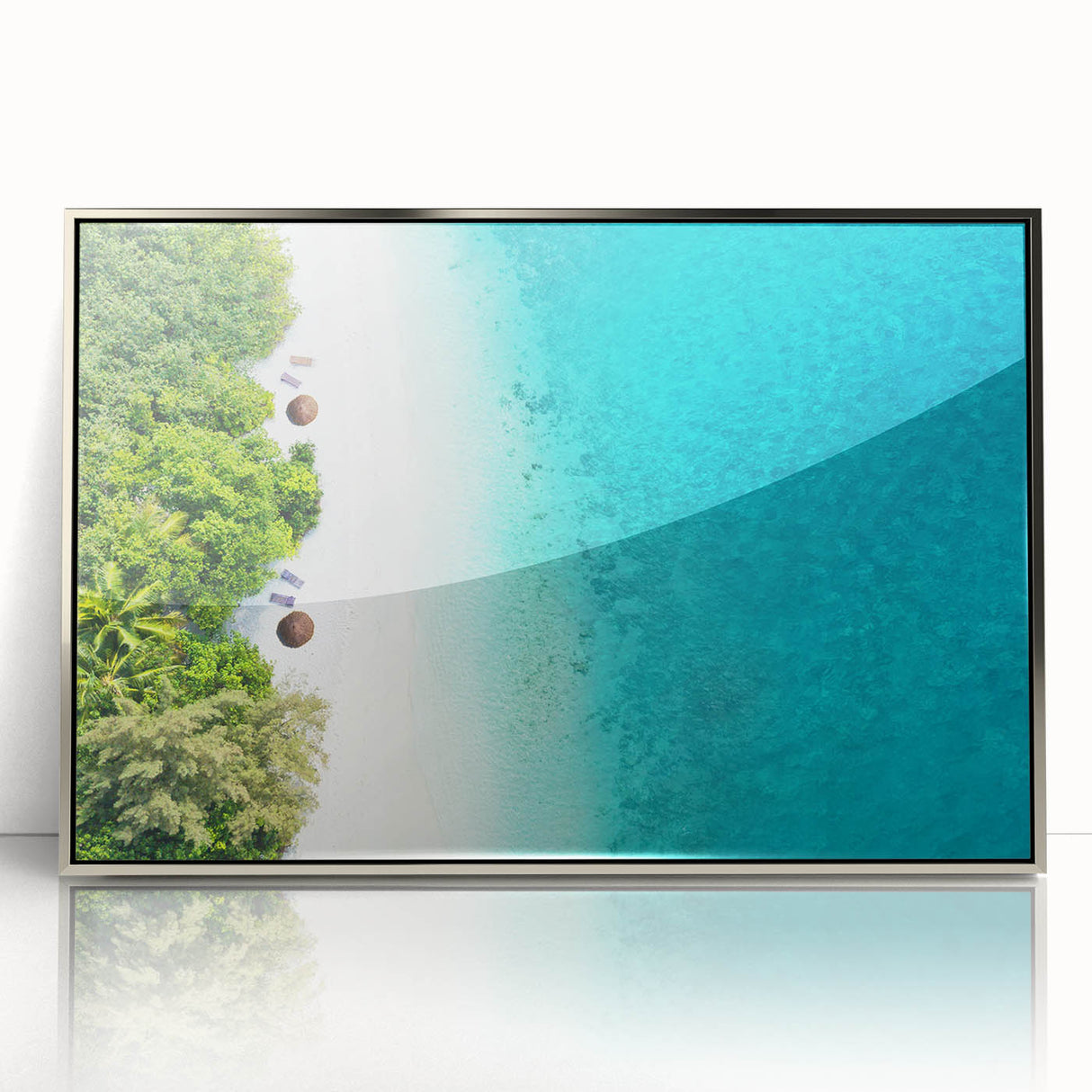 Mid-century modernist art depicting a serene Maldives scenery in muted blue tones on a framed acrylic print.