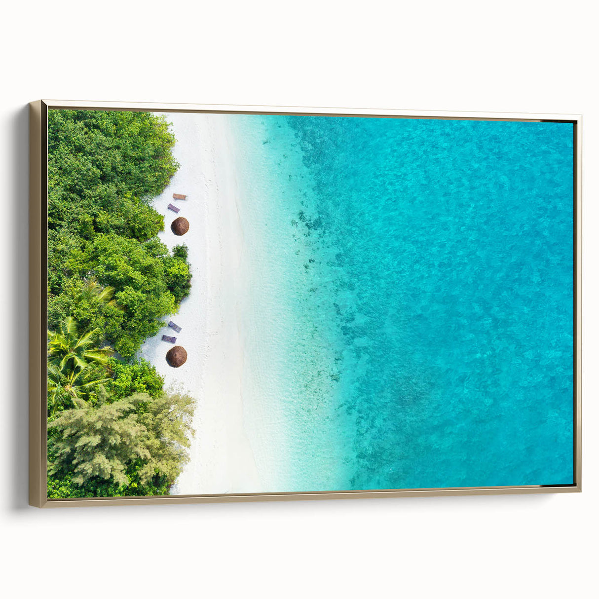 Framed canvas depicting a serene Maldives landscape in muted blue and green tones, ideal for bedroom wall art.