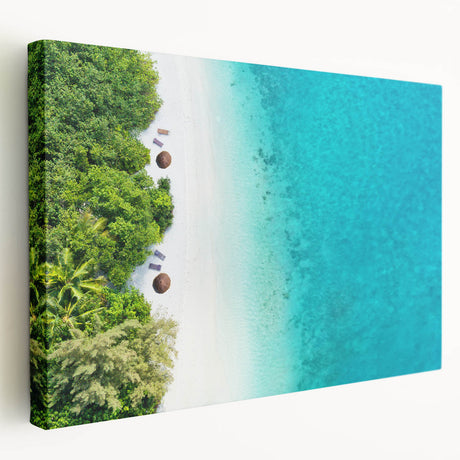 Large art depicting the serene Maldives scenery on stretched canvas, suitable for kitchen wall art.