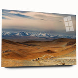Large abstract wall art of a Mongolian landscape in muted earth tones on acrylic glass.