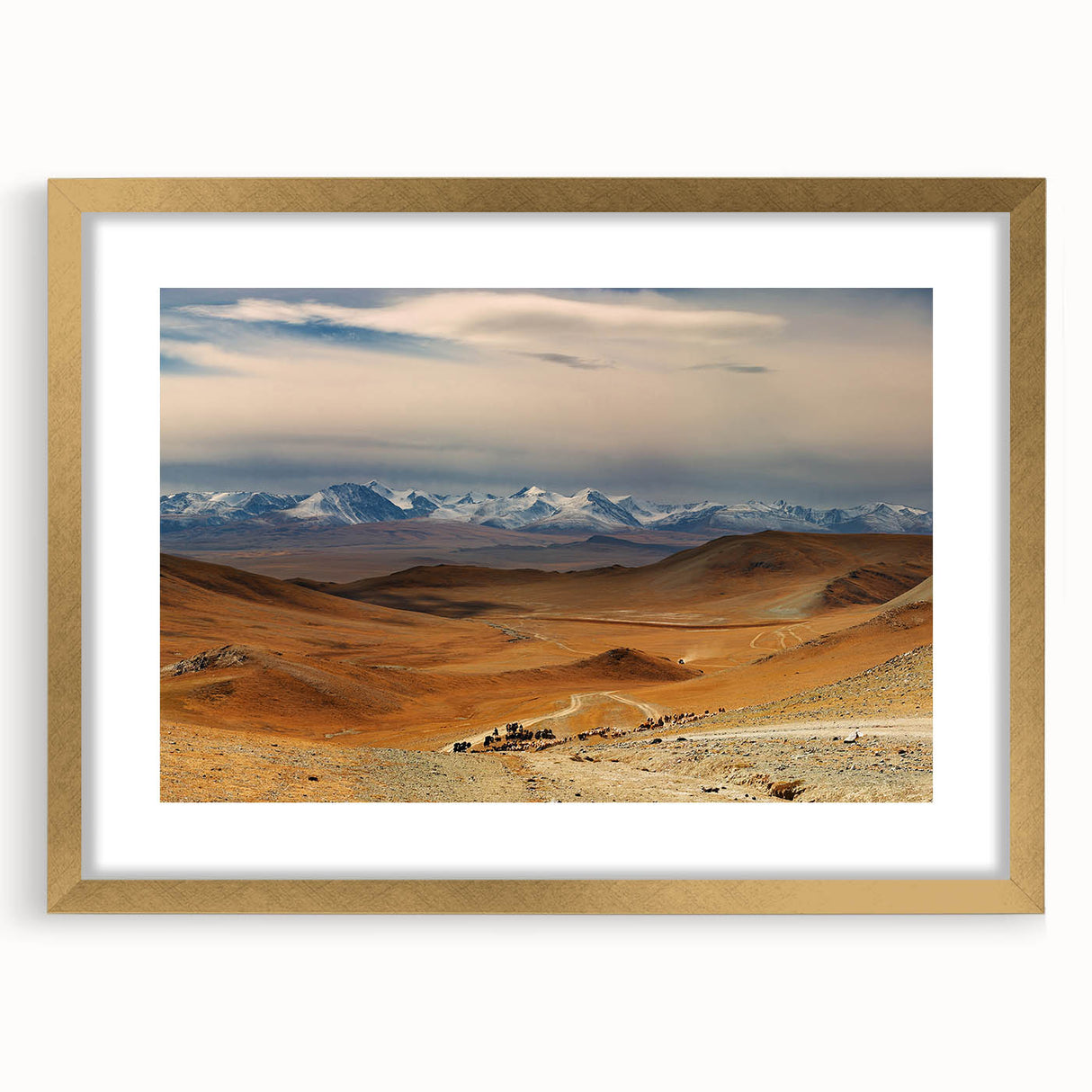 Extra large abstract art print of a Mongolian landscape in textured gold frame, suitable for living room decor.