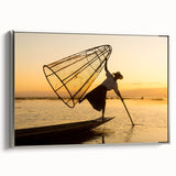 Framed canvas landscape art painting featuring a serene Myanmar scenery in muted earth tones, ideal for living room decor.