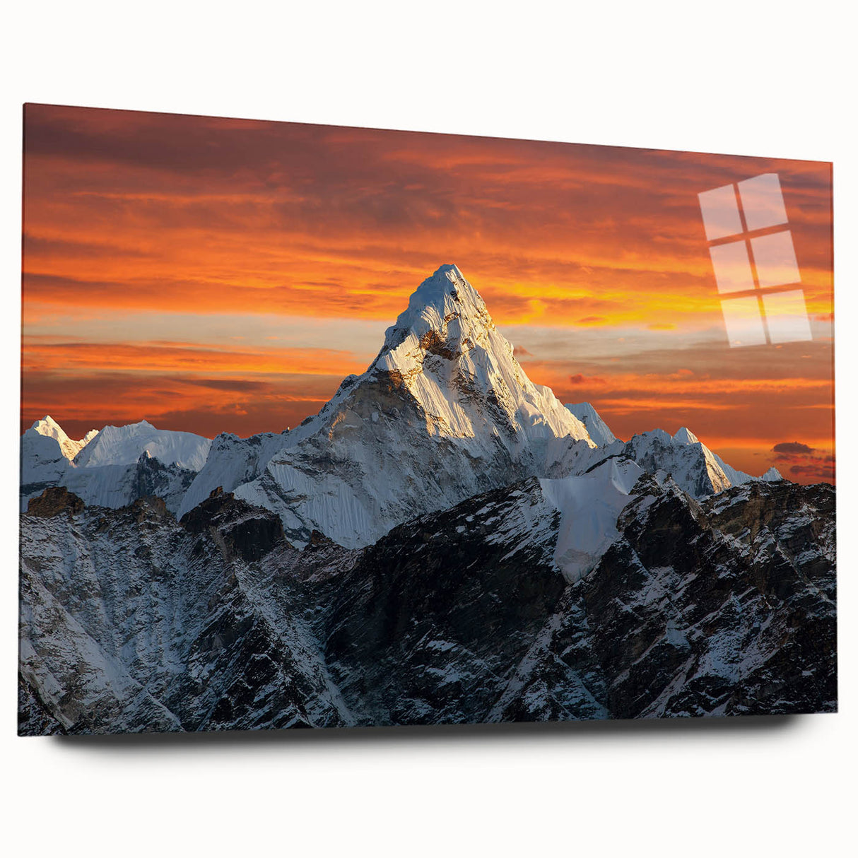 Acrylic print of Mount Everest in cool blue and white tones, suitable for bedroom or dining room decor.