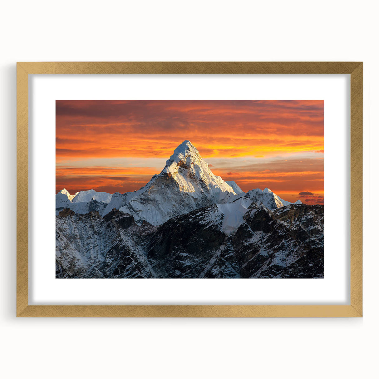 Extra large wall art featuring an abstract depiction of Mount Everest in textured blues and grays, framed in gold.