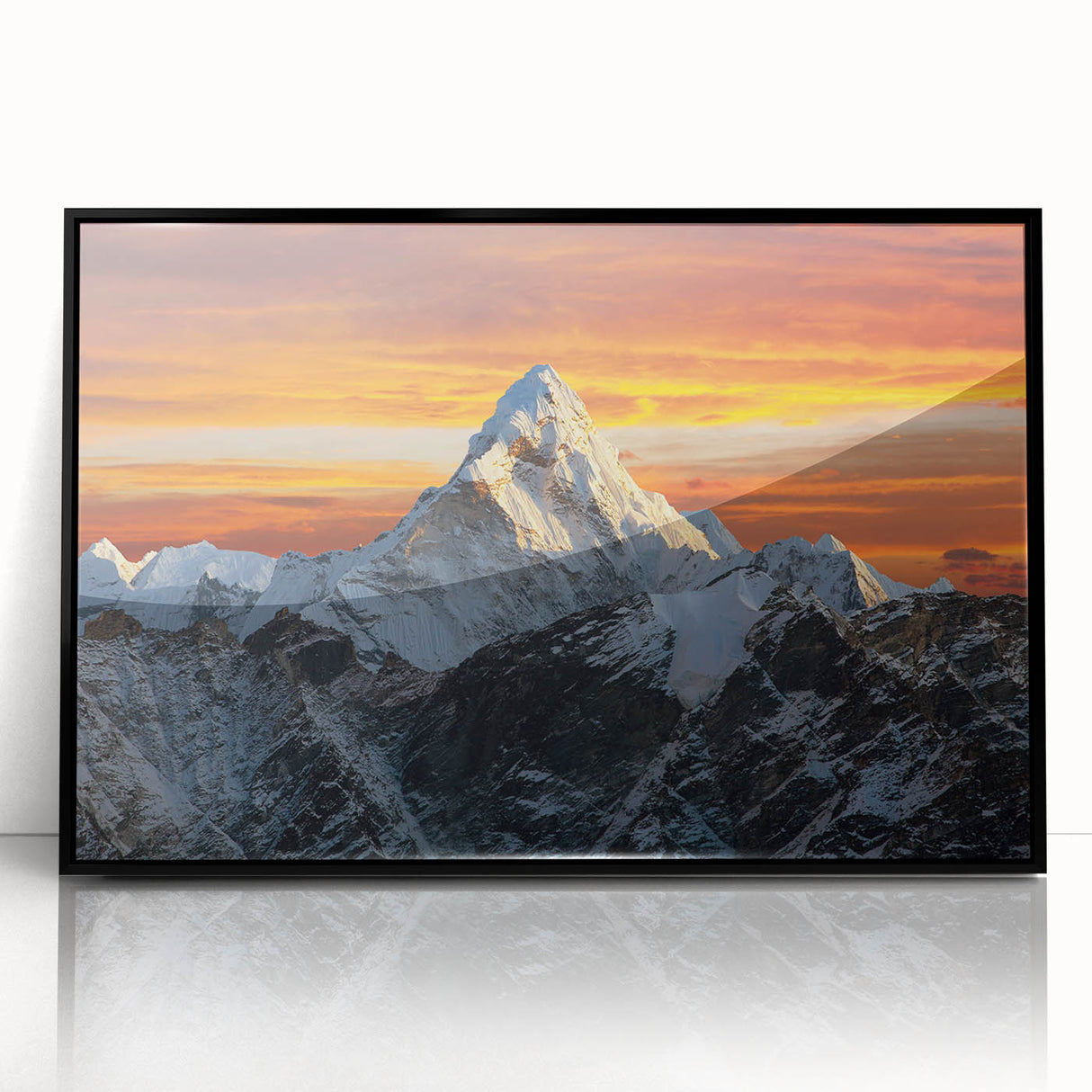 Large abstract wall art featuring a stylized view of Mount Everest in muted earth tones on a framed acrylic.
