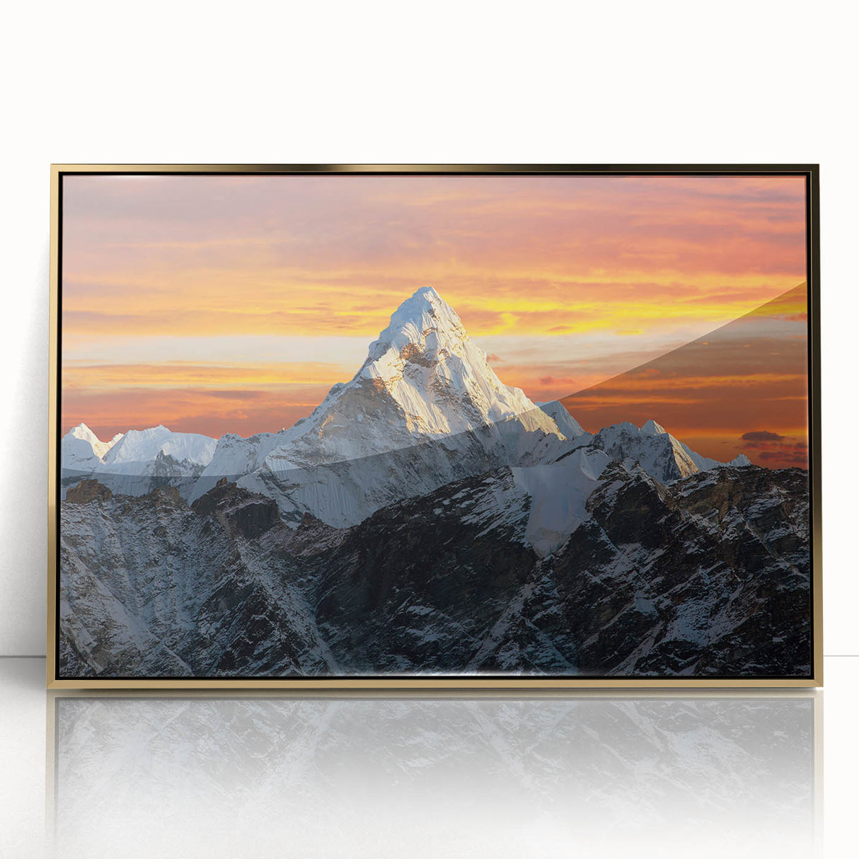 Framed acrylic print of Mount Everest in gold tones, ideal for modern art wall decor.