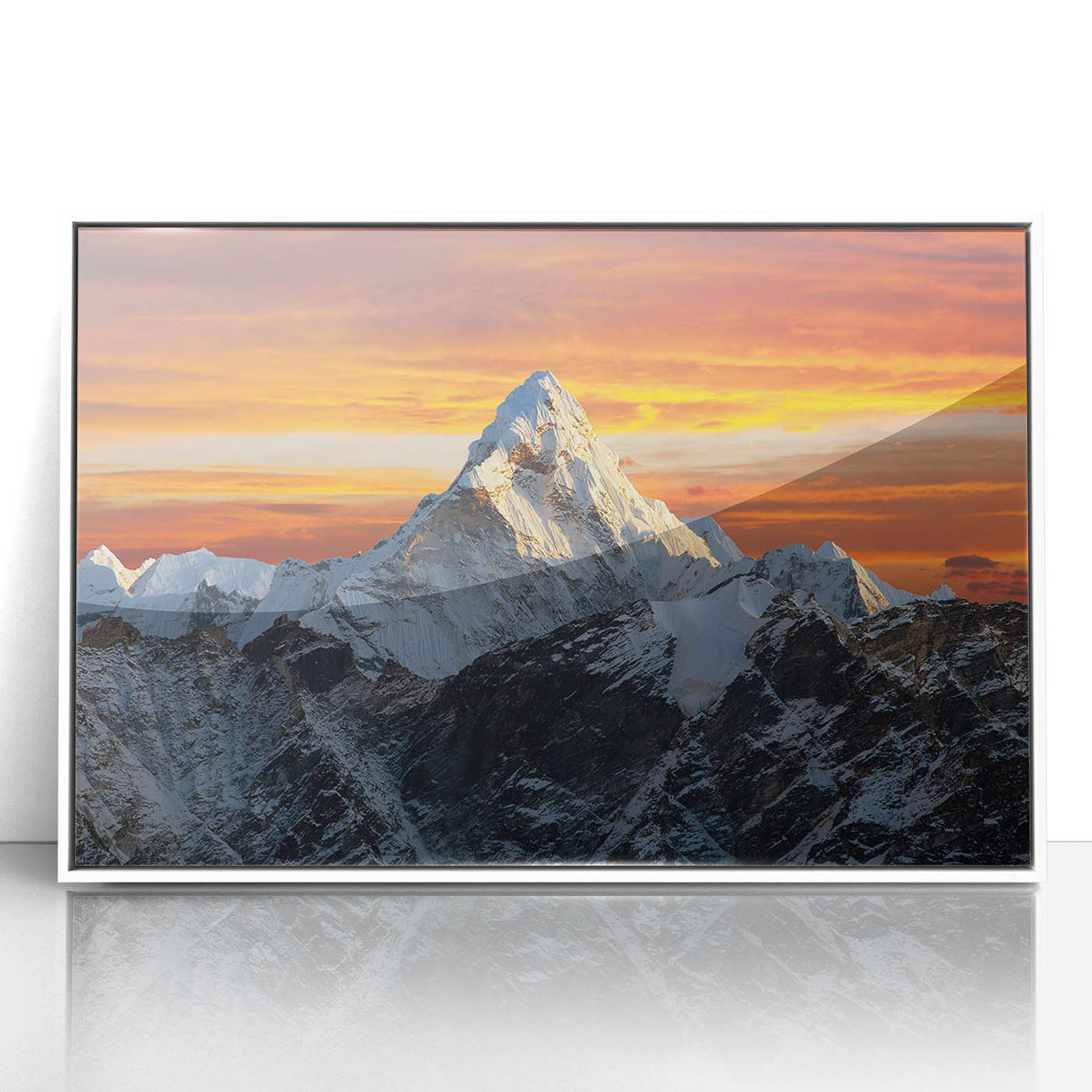 Modern art wall decor featuring a scenic view of Everest in Nepal, with muted earth tones on a framed acrylic.