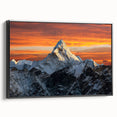 Framed canvas featuring a black and white vintage poster of Mount Everest, ideal for bedroom wall decor.
