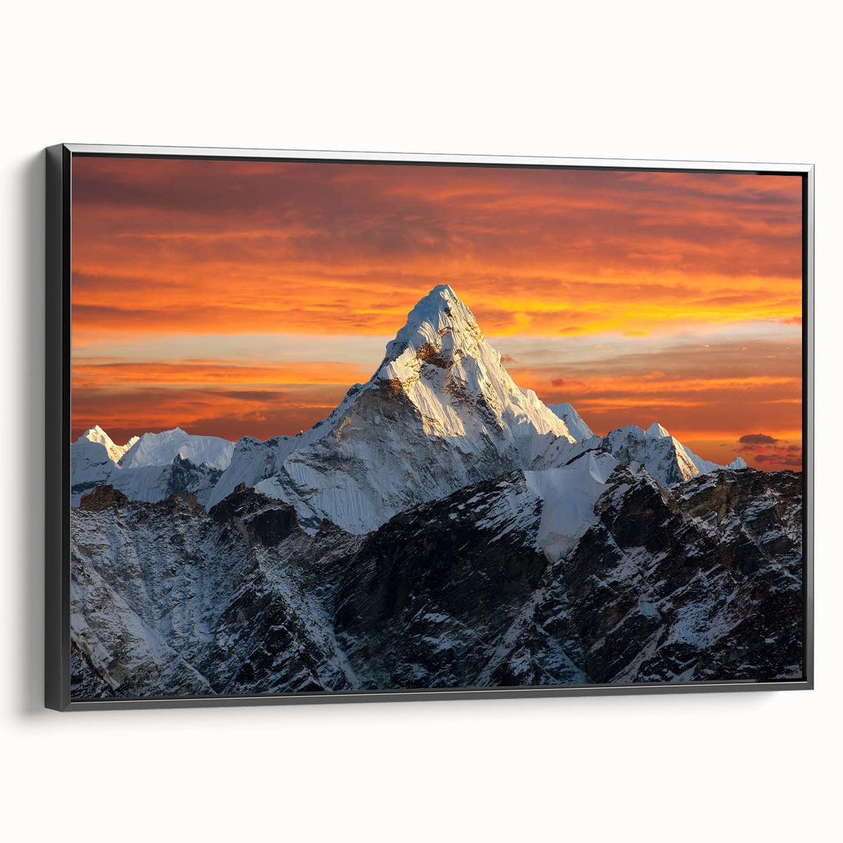 Framed canvas featuring a black and white vintage poster of Mount Everest, ideal for bedroom wall decor.