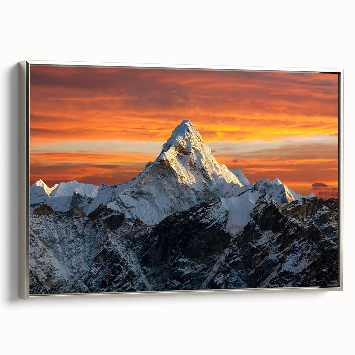 Framed canvas depicting a vibrant, colorful landscape art painting of Mount Everest.