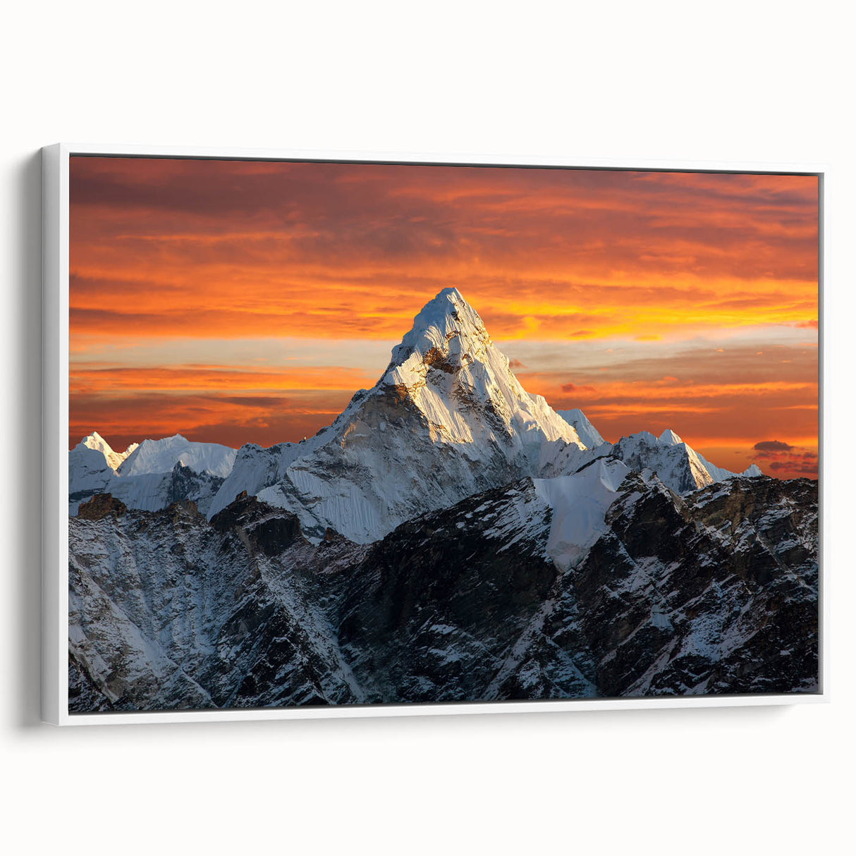 Framed canvas of vintage poster art featuring Mount Everest in vibrant colors, ideal for living room decor.