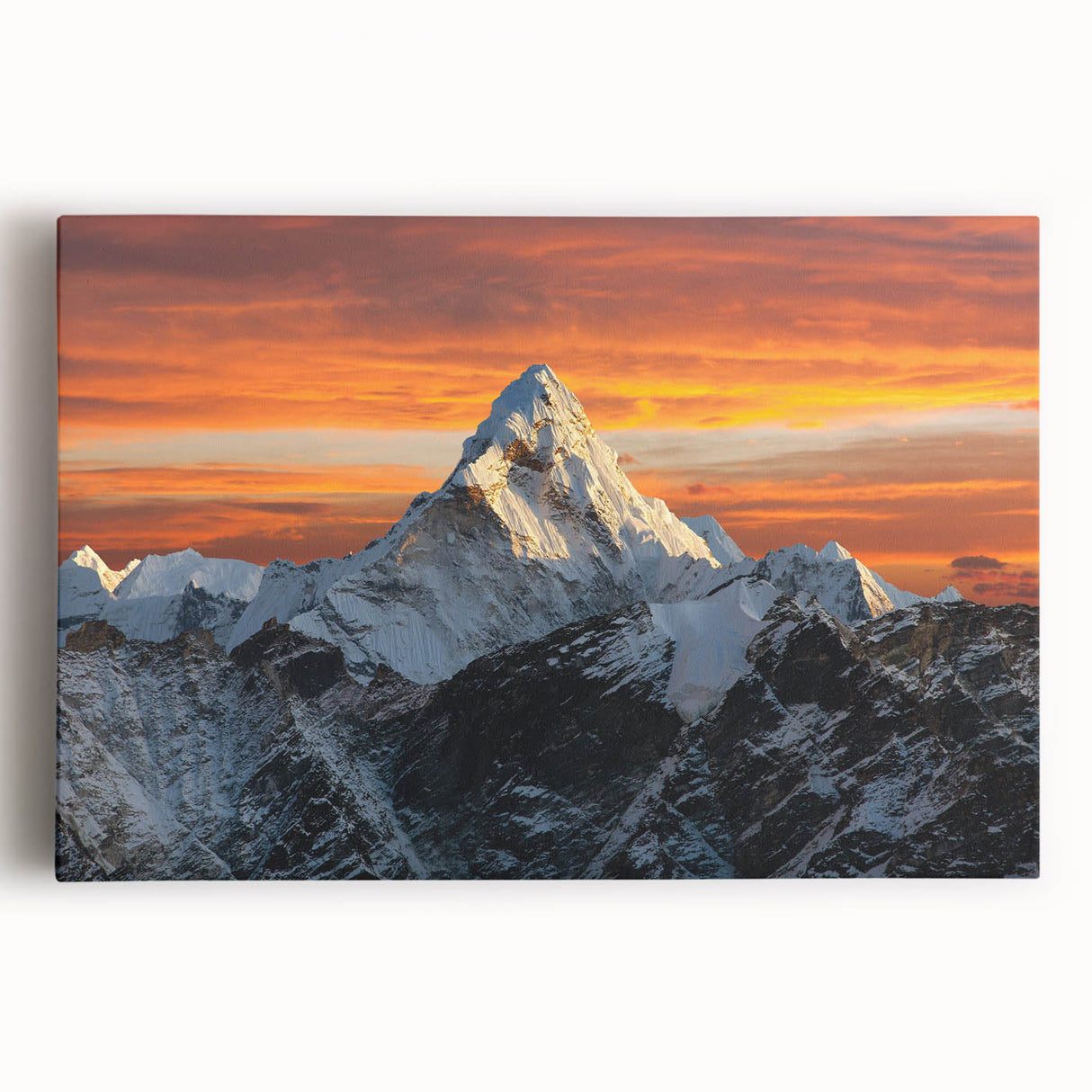 Black and white stretched canvas of Mount Everest, ideal for kitchen wall art.