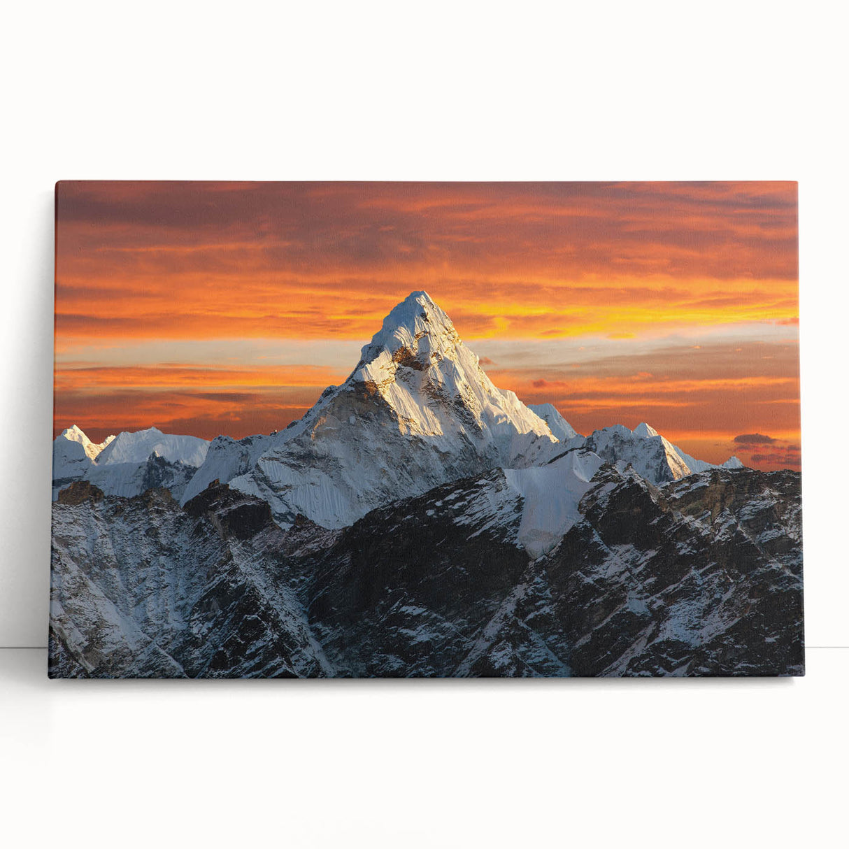 Black and white photograph of Mount Everest on stretched canvas, ideal for kitchen wall art or bedroom ambiance.