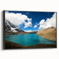Black and white wall art featuring a vintage poster style landscape of Nepal on framed canvas, suitable for bedroom decor.