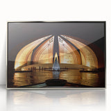 Mid-century modernist art depicting a serene Pakistani landscape in muted earth tones, framed in silver acrylic.