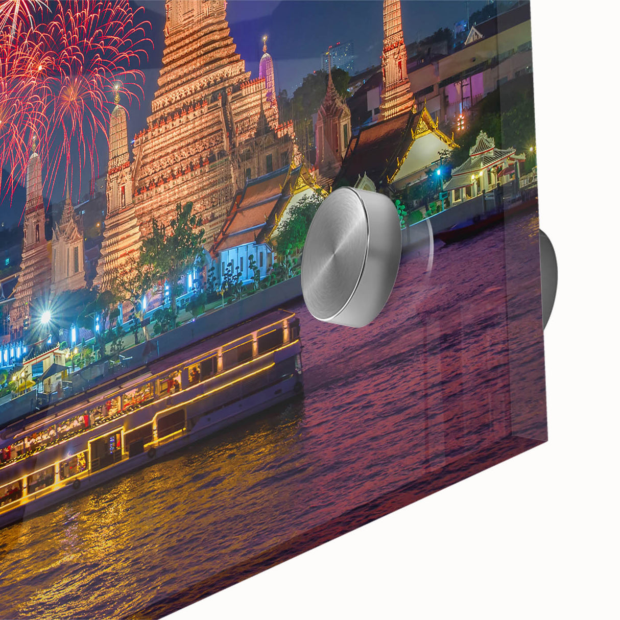 Large abstract wall art depicting Bangkok skyline in muted tones on acrylic glass, suitable for dining room ambiance.