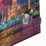 Large abstract wall art depicting Bangkok skyline in muted tones on acrylic glass, suitable for dining room ambiance.