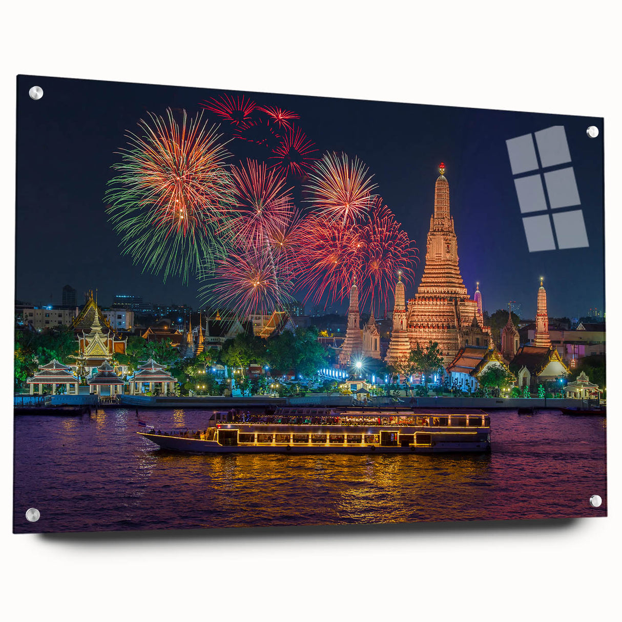 Acrylic glass print of Bangkok skyline in muted gray and blue tones, suitable for dining room decor.