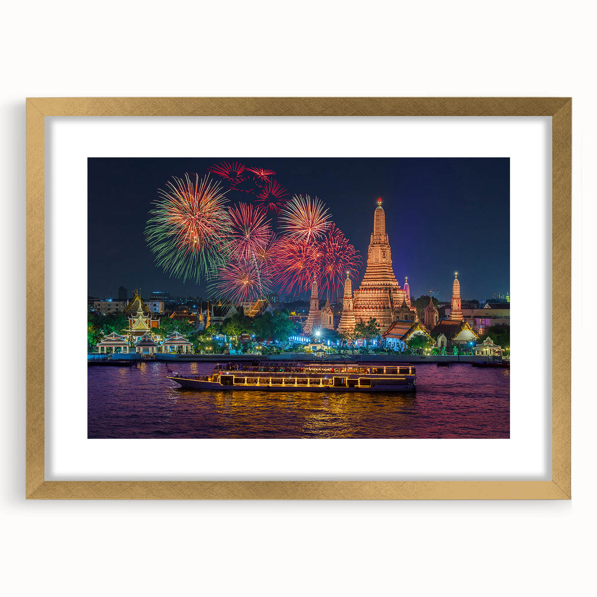 Extra large abstract art print of Bangkok skyline in textured gold frame, ideal for living room decor.