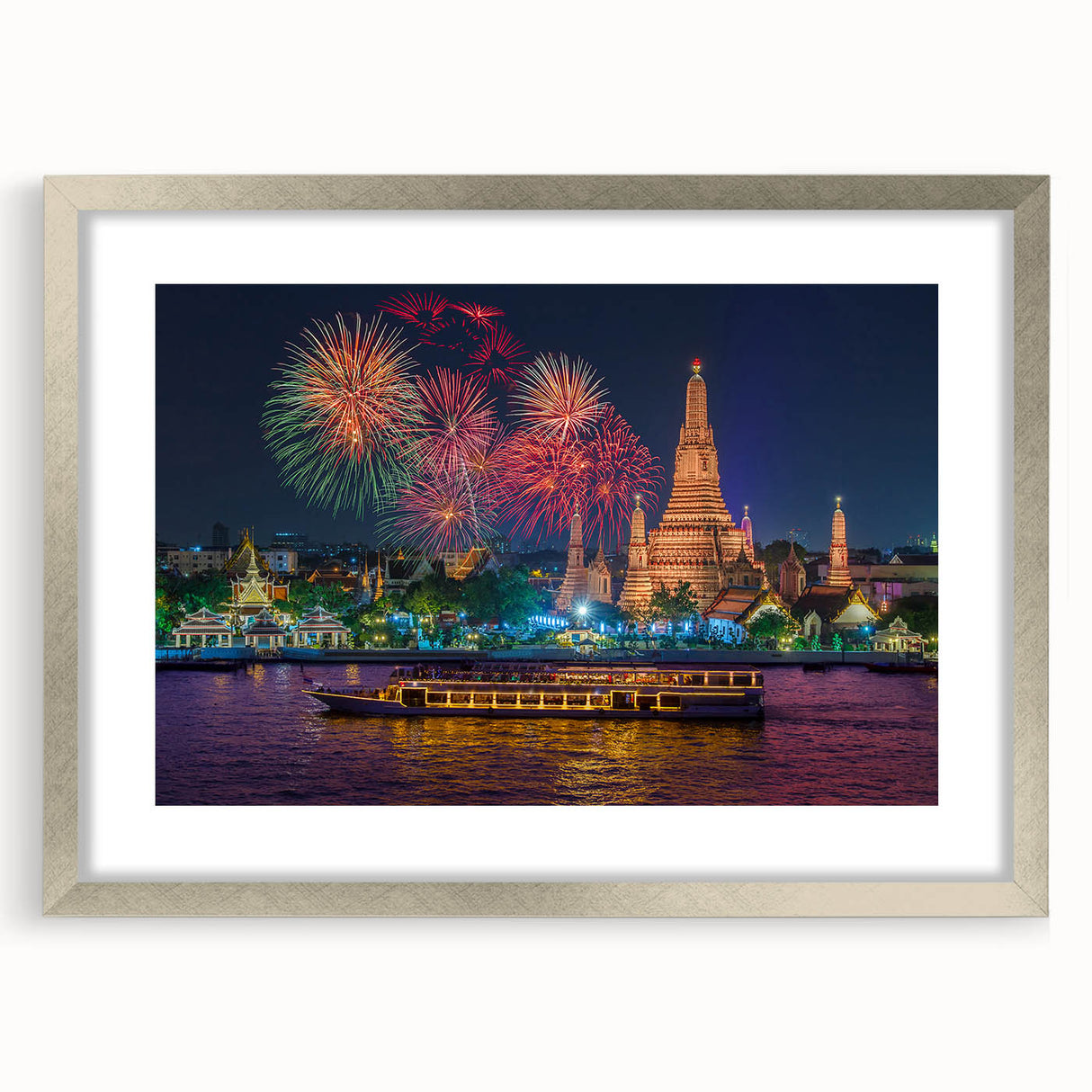 Textured art print of Bangkok skyline in muted gray and silver, framed with a mat, ideal for bedroom decor.