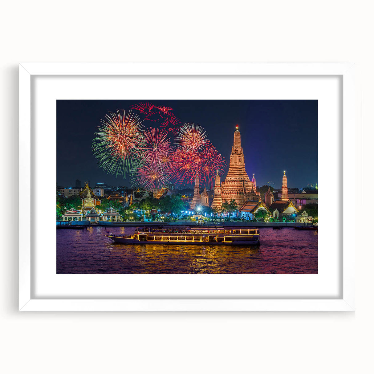Abstract art print of Bangkok skyline in muted gray and blue tones, framed with a white mat, ideal for dining room decor.